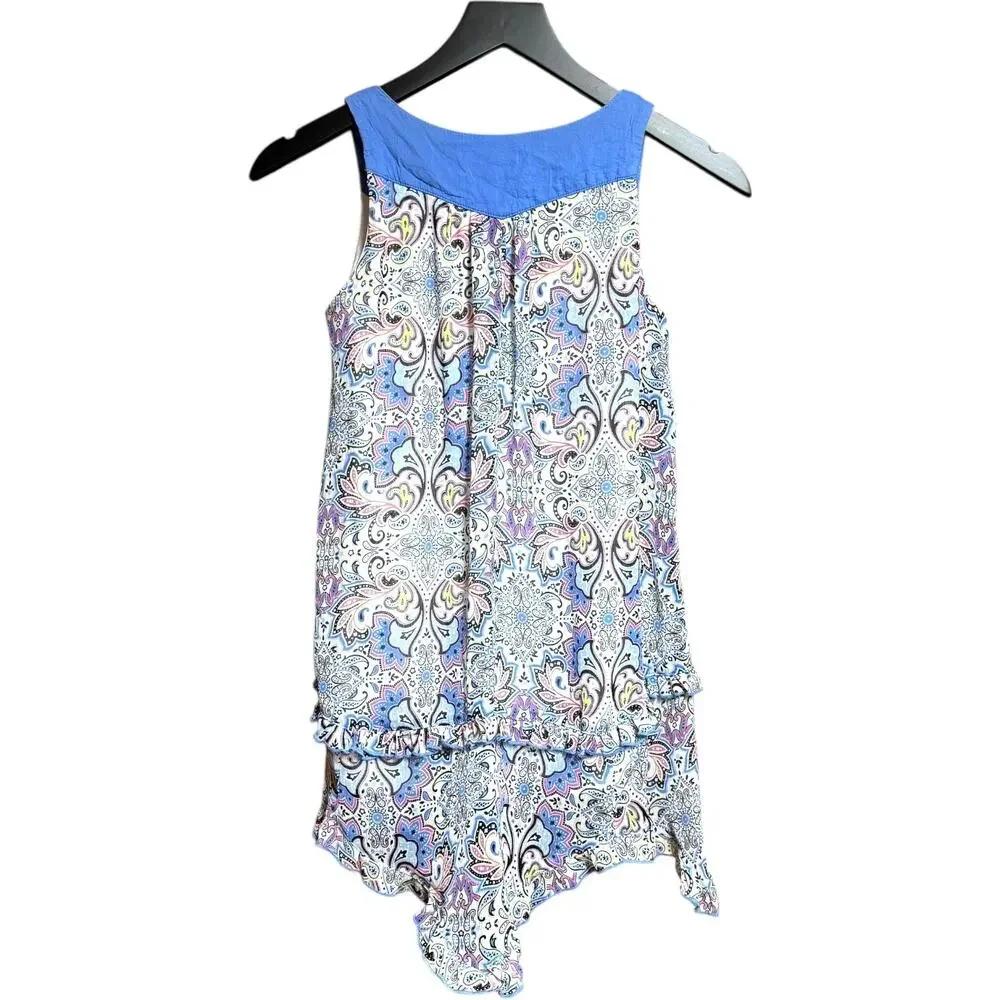 D-Signed Sleeveless Ruffle Tiered Bandana Dress Blue Pink Yellow Small 7/8